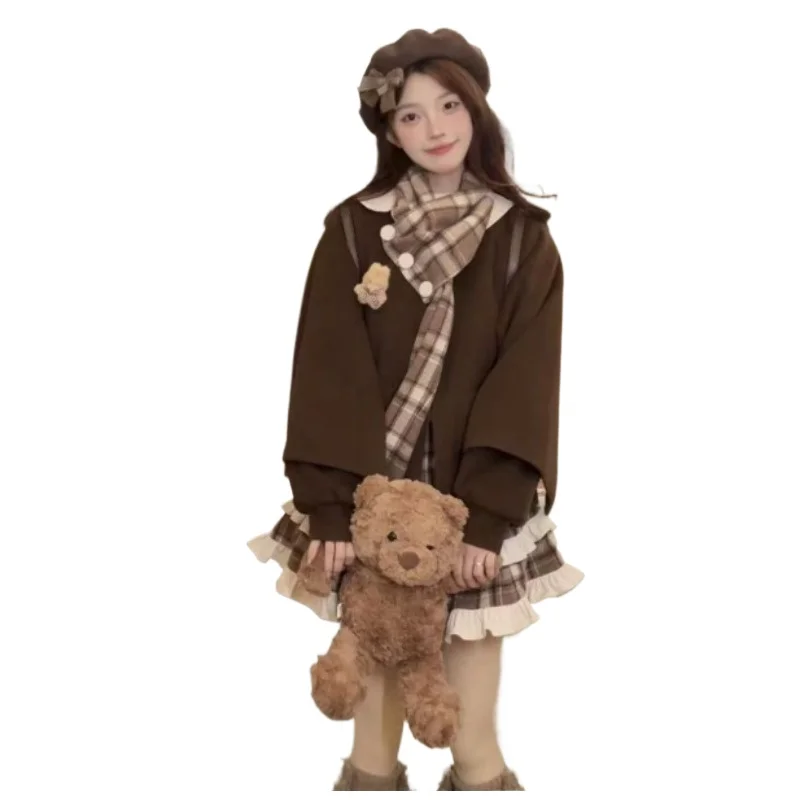 

Autumn and Winter Atmosphere Japanese-style Jk Uniform Design Layering Scarf Woolen Coat and Skirt Three-piece Set Long-sleeved