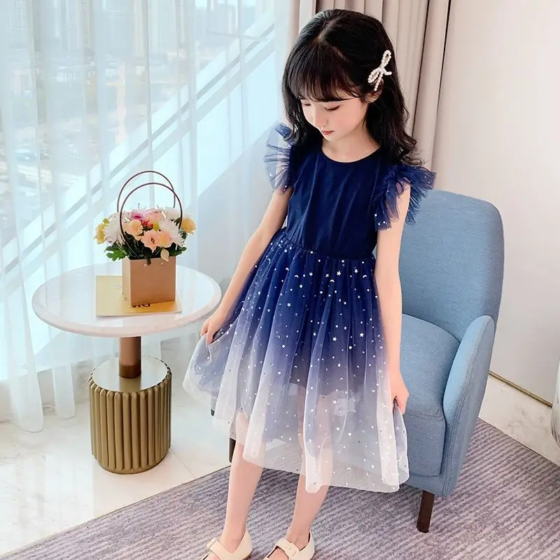 2024 Summer Girls Stars Gradient Short Sleeves Dress Kids Lace Mesh Princess Dress Children Halloween Carnival Party Costume