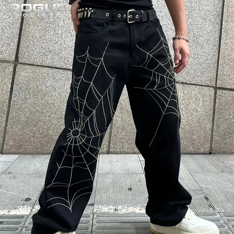 Streetwear Summer Spider Web Print Jeans Men Harajuku Baggy Y2K