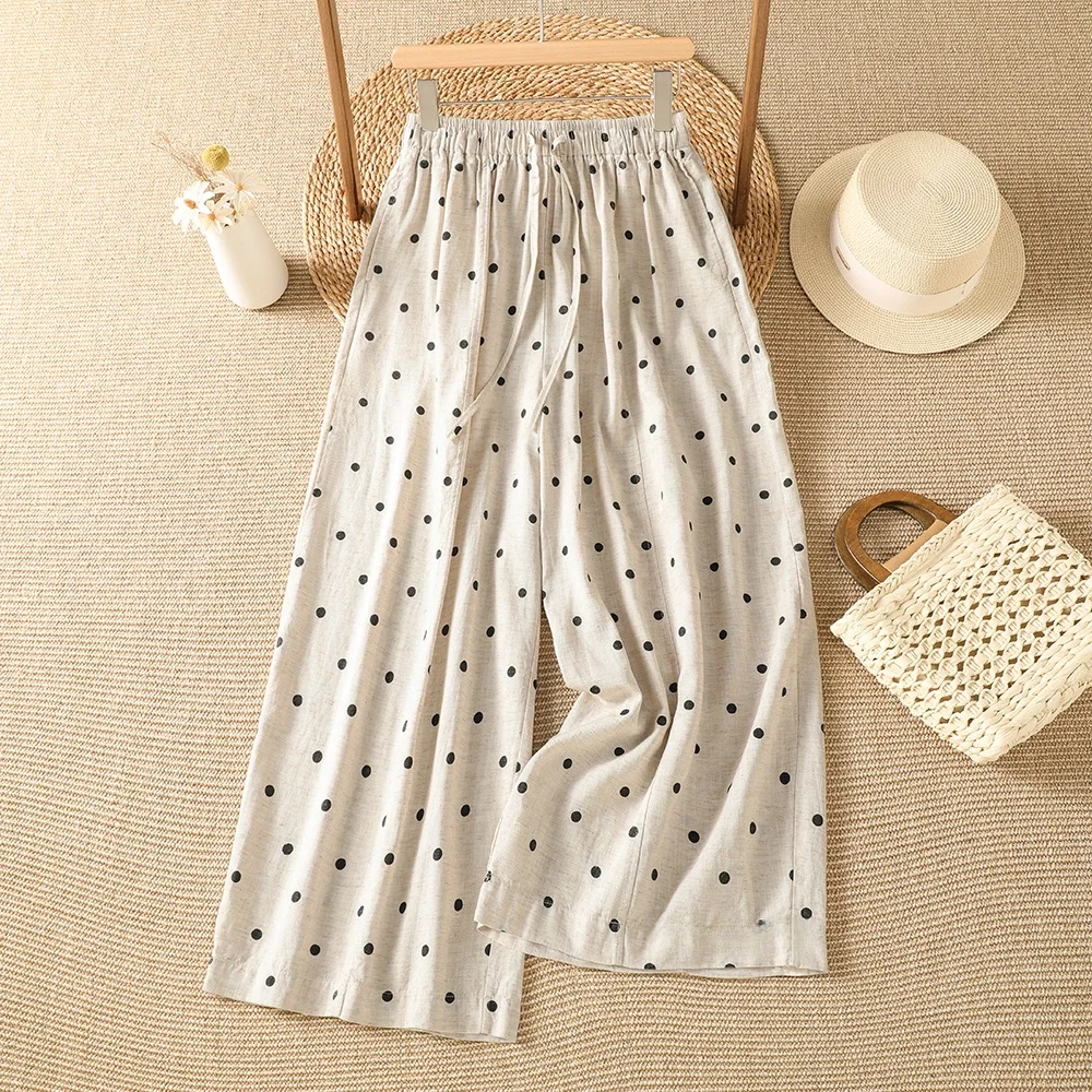 

Summer New Polka Dot Wide Leg Pants Elastic Waist Loose Harem Pants Cotton Material Commute Style Ladies plus Size Trousers