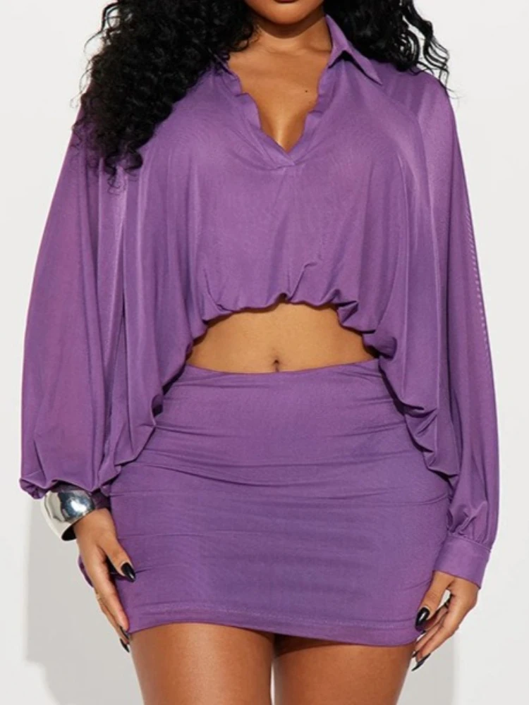 SsTss المرأة الصلبة 2 قطعة مجموعة فريدة من نوعها سوينغ مطوي هيم كم طويل غير المتكافئة هيم بلوزة فضفاضة وتنورة قلم رصاص صغيرة الدعاوى #1