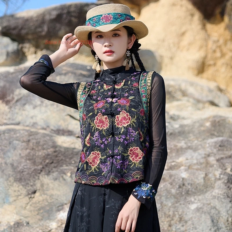 

2025 chinese traditional vest national flower embroidery vintage vest ethnic stand collar satin jacquard vest sleeveless jacket