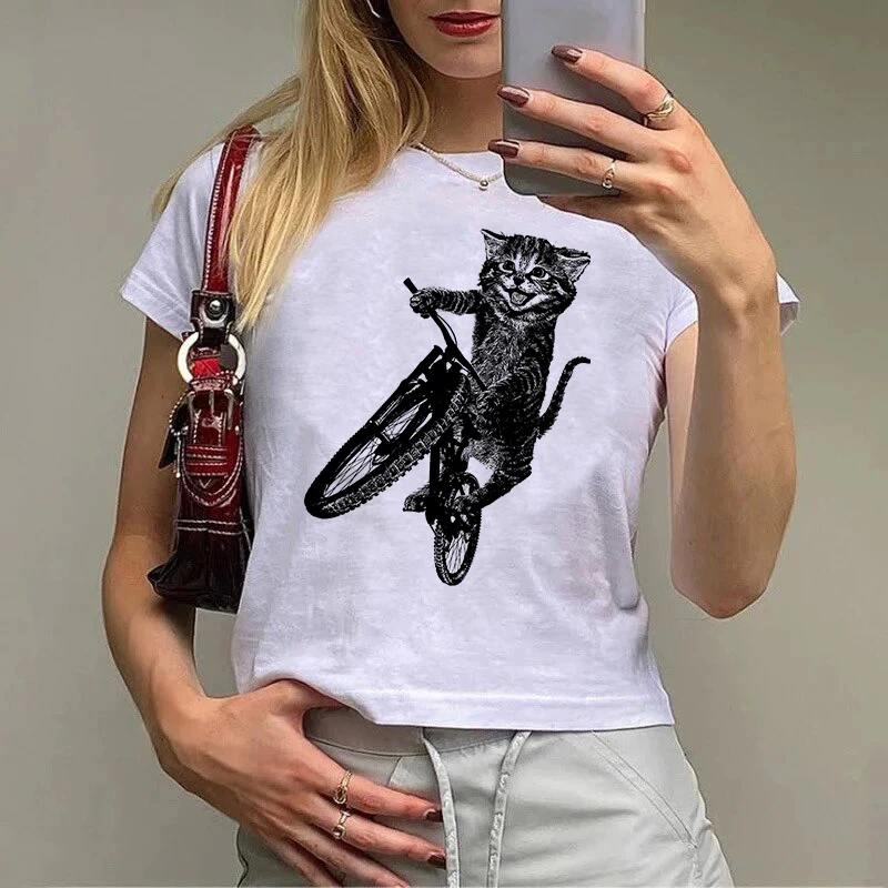 Damska gotycka koszulka z nadrukiem kota w stylu Y2K, vintage, Harajuku, estetyka punk, modna, dopasowana, elegancka, z krótkim rękawem, crop top.