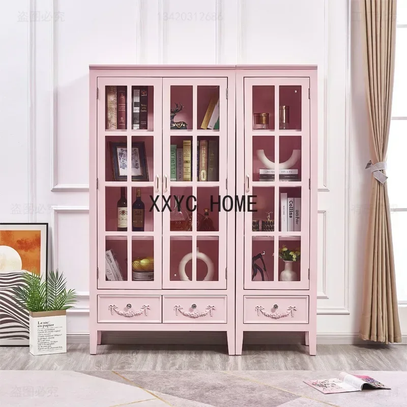 TAO Glass Door Floor-Standing Rack Bookshelf Pink Wine Cabinet Solid Wood Display High Cabinet