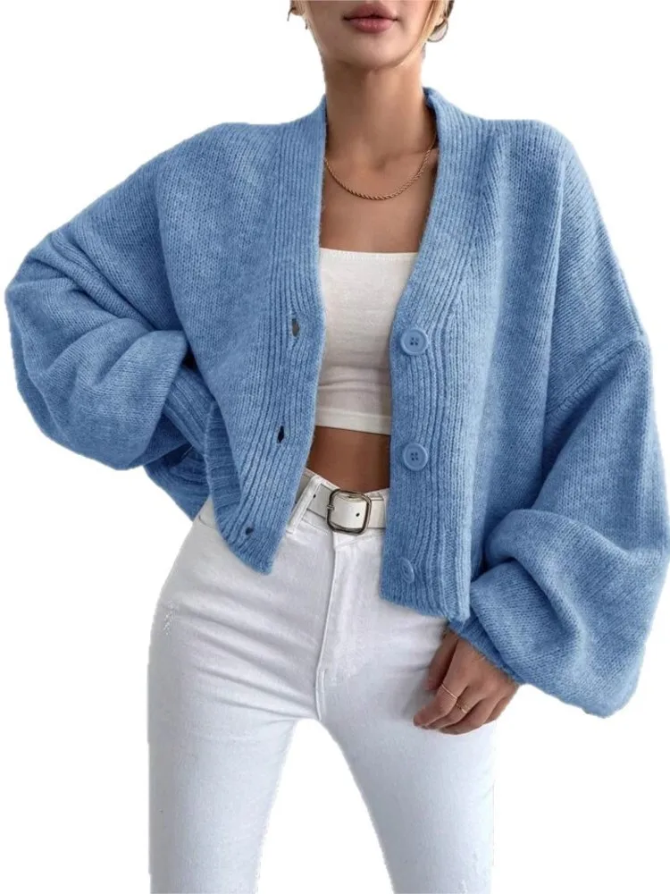 秋冬カーディガン女性のカジュアルルーズ V ネックランタンスリーブニットセーターファッションシングルブレスト通勤服