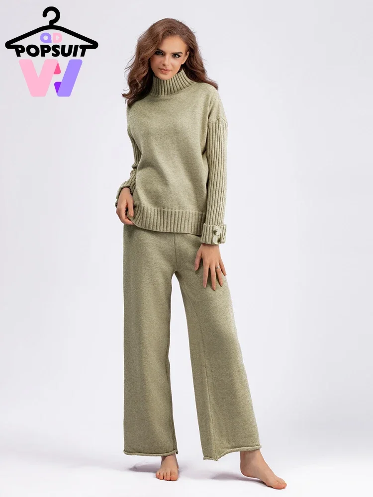 

New in Autumn Winter Women Two Piece Set Knit Sweater Pullover Pants Set Turtleneck Button Elastic Waist Wide Leg Pants Clothes