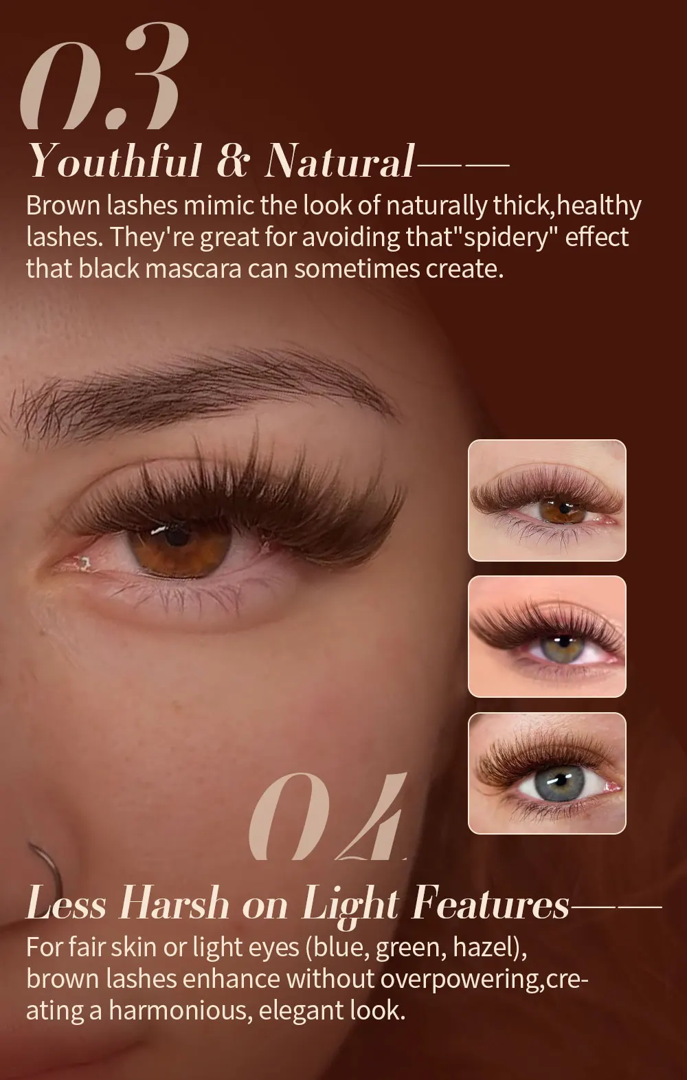 Abonnie LB LC Dunkelbraune Wimpern, Braune Farbe, Klassische Wimpernverlängerungen, Foxy Eye, Flauschige Einzelwimpern – Detail 5
