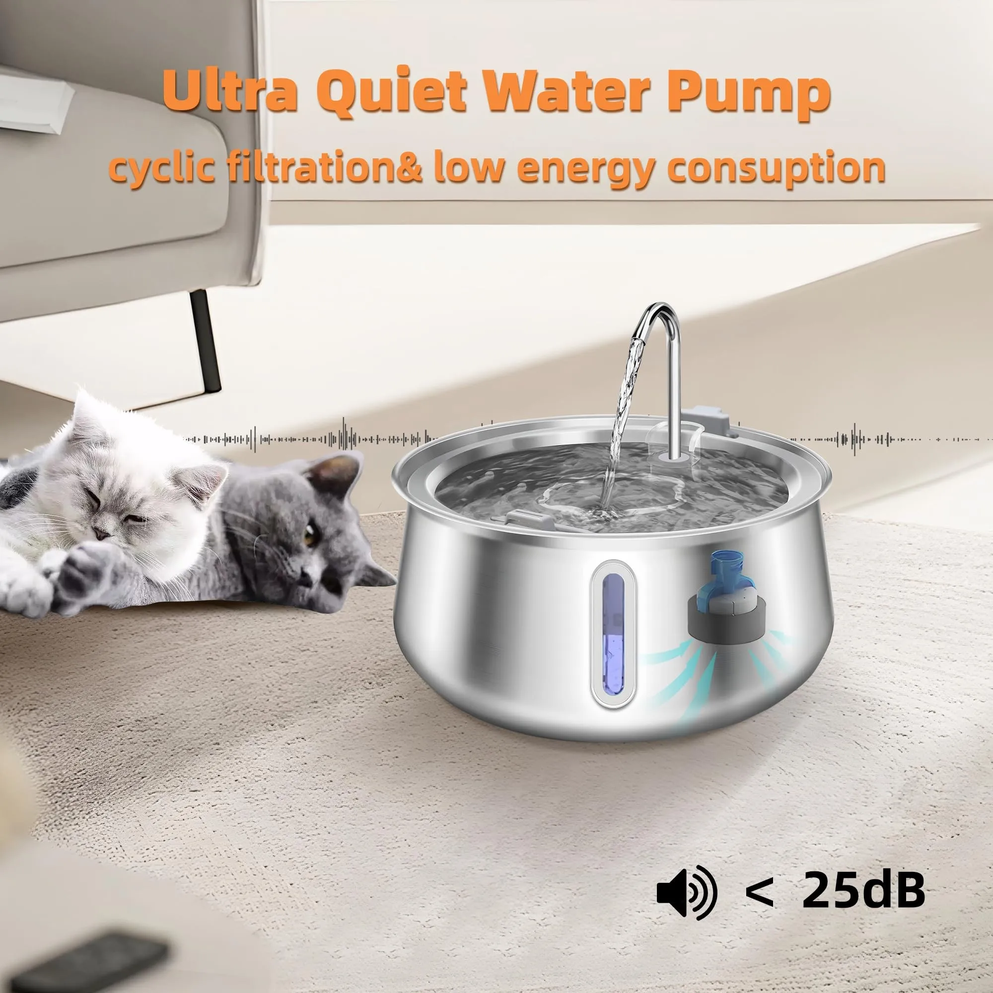 Petwant Cat Water Dispenser 4L Visual Window SUS304 Stainless Steel Ultra Quiet Pump Safe Quadruple Filtration