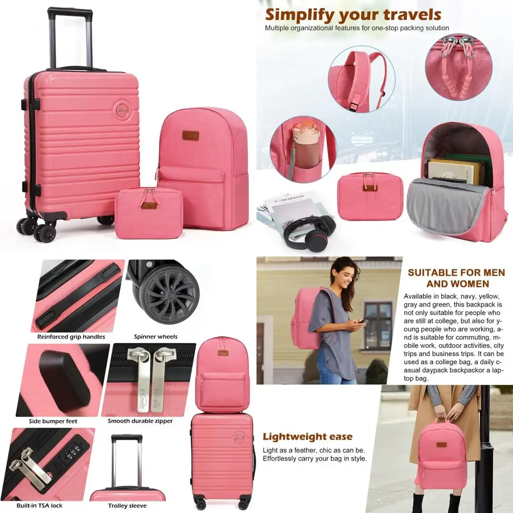 Carry-On Luggage Set with Backpack, 3-Piece Hardshell Suitcase with Spinner Wheels, TSA Lock, 20-Inch Lightweight Travel Set