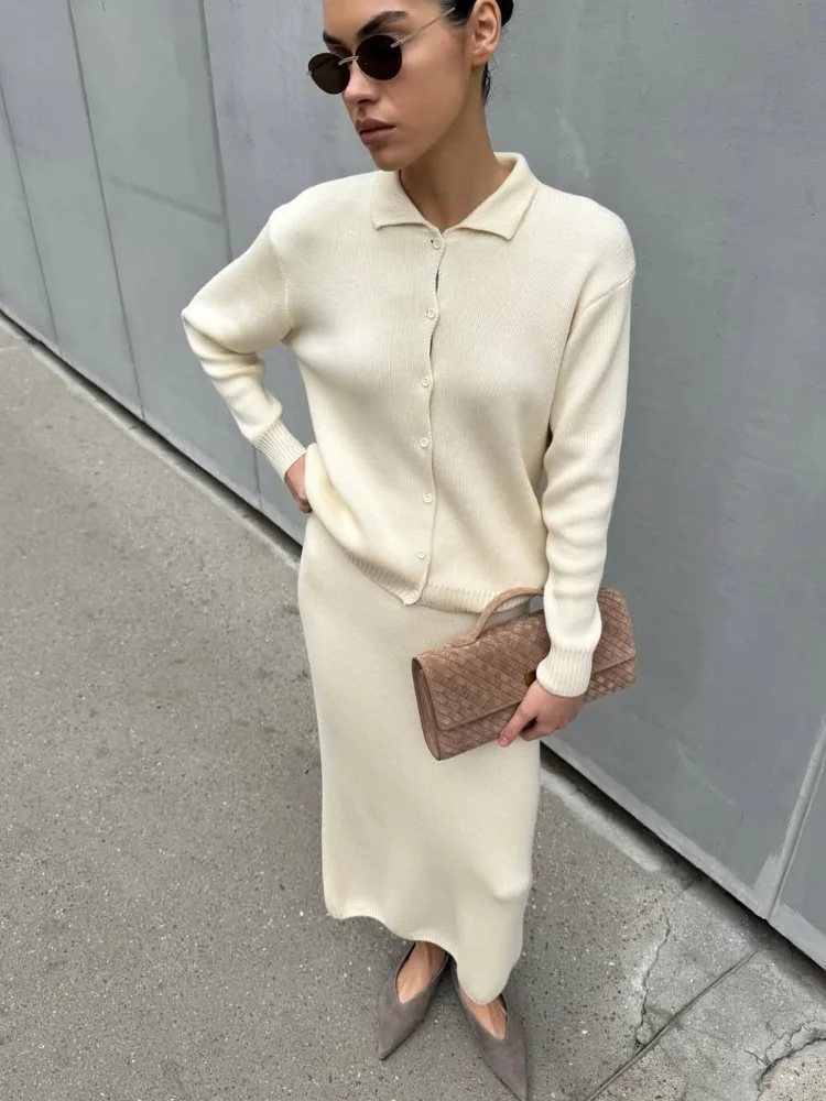 2026 White Lapel Knit Two-Piece Set Polo Collar Button Long Sleeve Cardigan Straight Midi Skirt Minimalist Commute Chic Wear