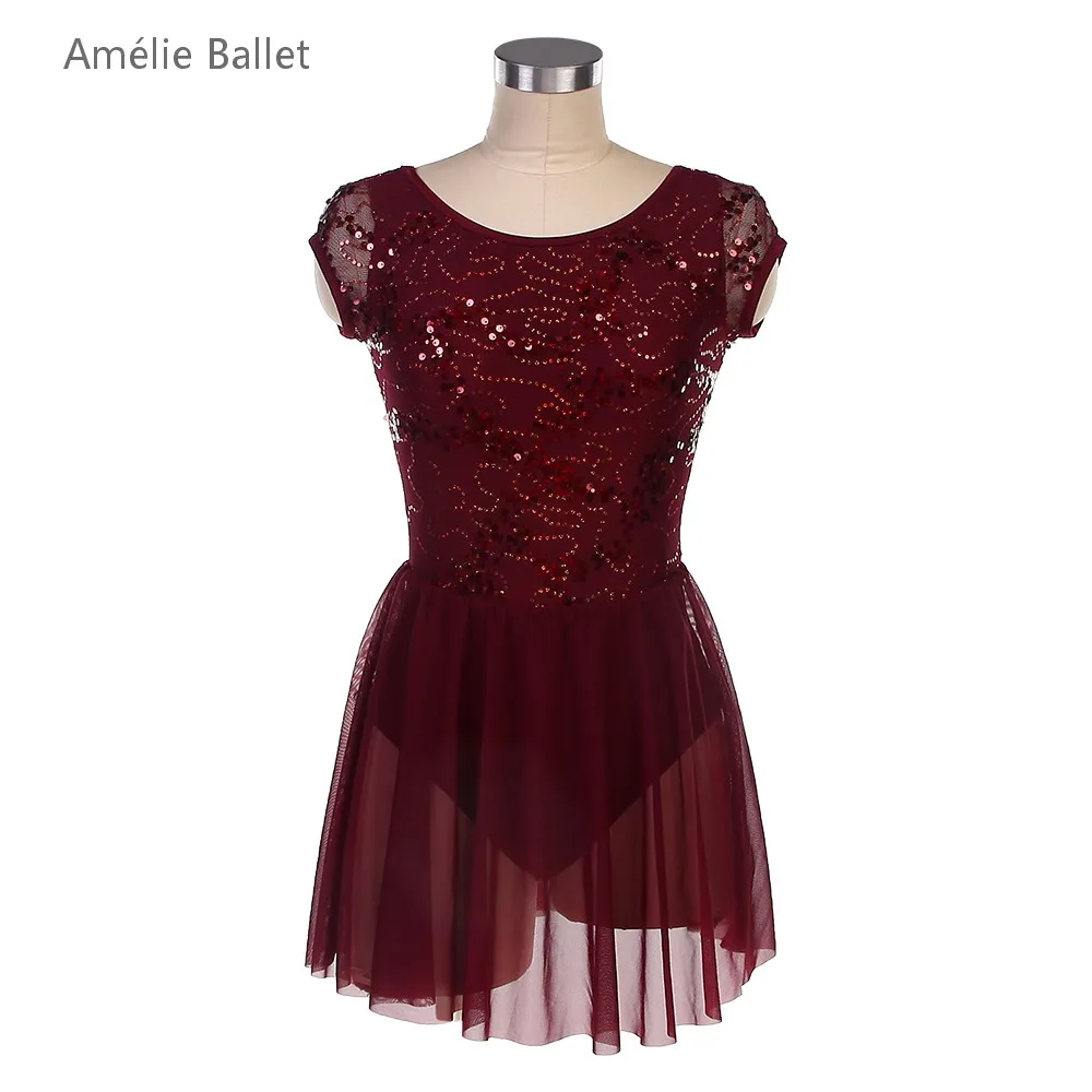 

25086 Новый балетный костюм с короткими рукавами, бордовый лиф из спандекса с блестками, балетные костюмы для девочек Audul, лирические и современные танцевальные костюмы