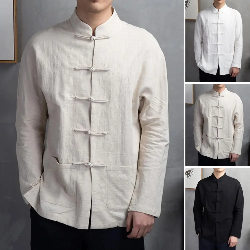 Camisa de manga longa estilo tradicional chinês masculina com gola, leve, respirável, Kung Fu