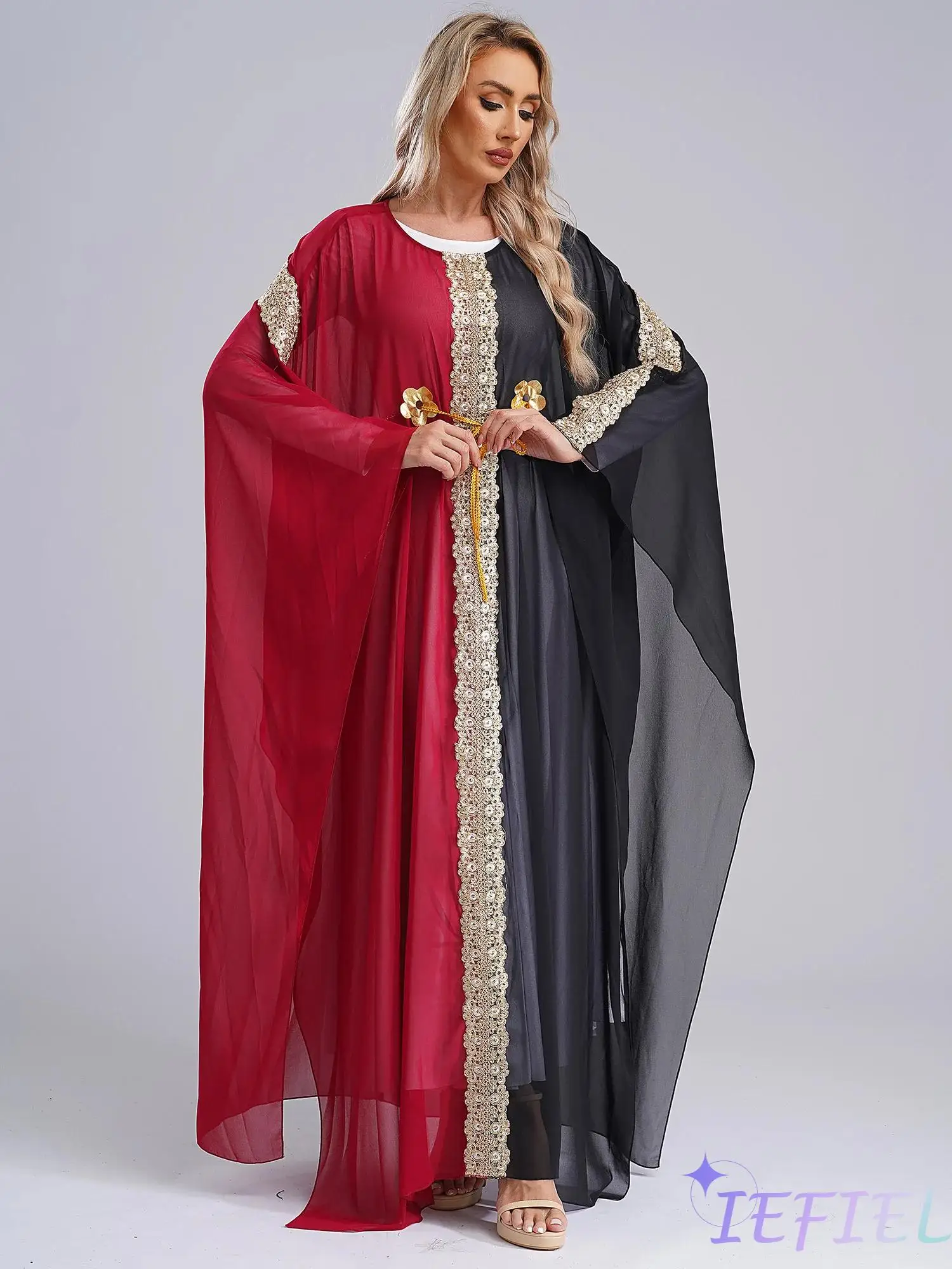 Women Gold Lace Embroidery Dress Islamic Dubai Kaftan Ramadan Kimono Muslim Abayas Long Robe Pullover Cover-up Outerwear Coat