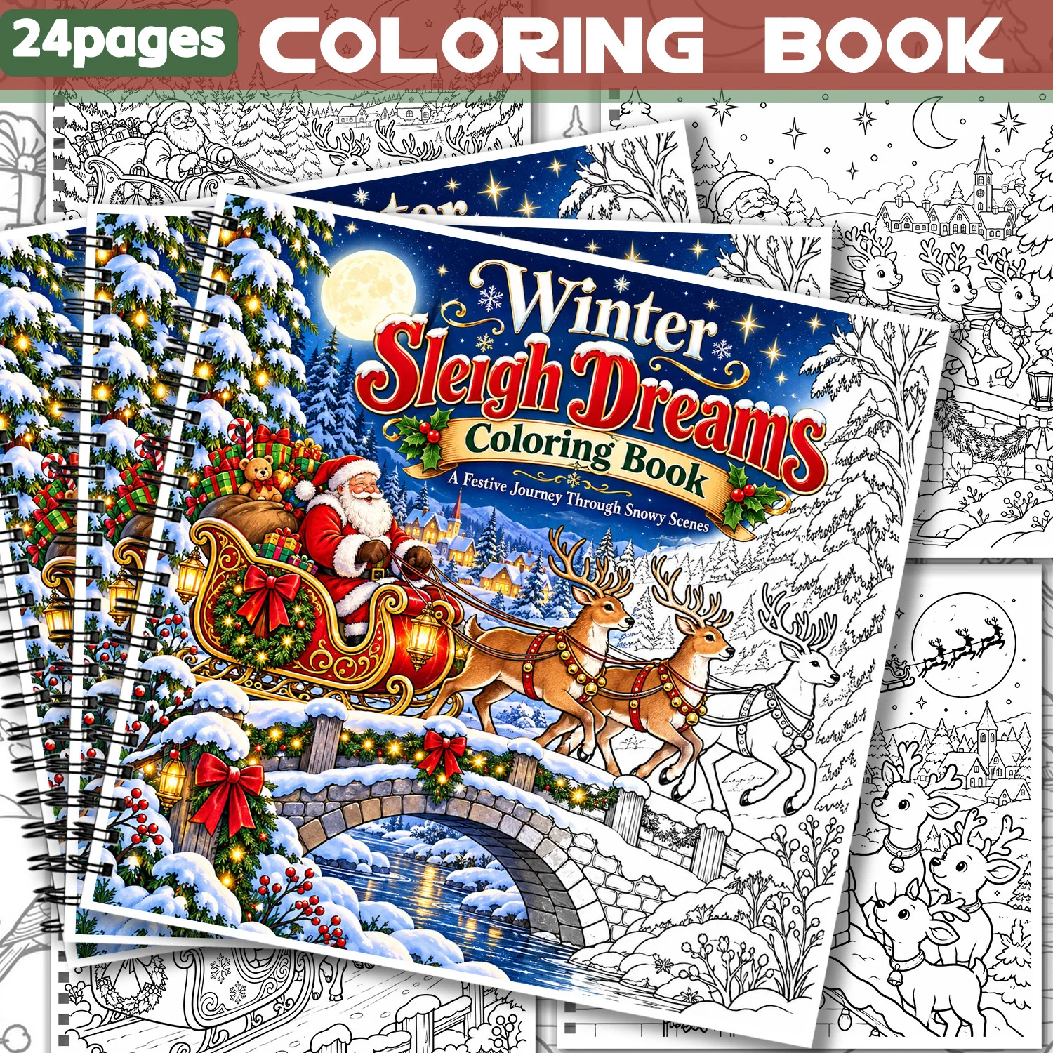 Winter Sleigh Dreams Spiral Coloring Book Festive Santa Scenes, 24Sheets Showcasing Creativity & Relieving Stress Relaxing Body