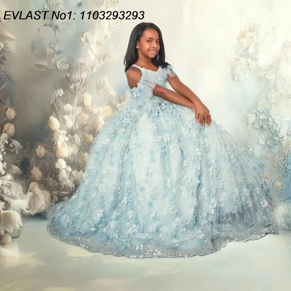 EVLAS, vestido personalizado de princesa con flores azules para niñas, para bodas, apliques florales, falda acampanada, vestido de cumpleaños para bebés TFD176