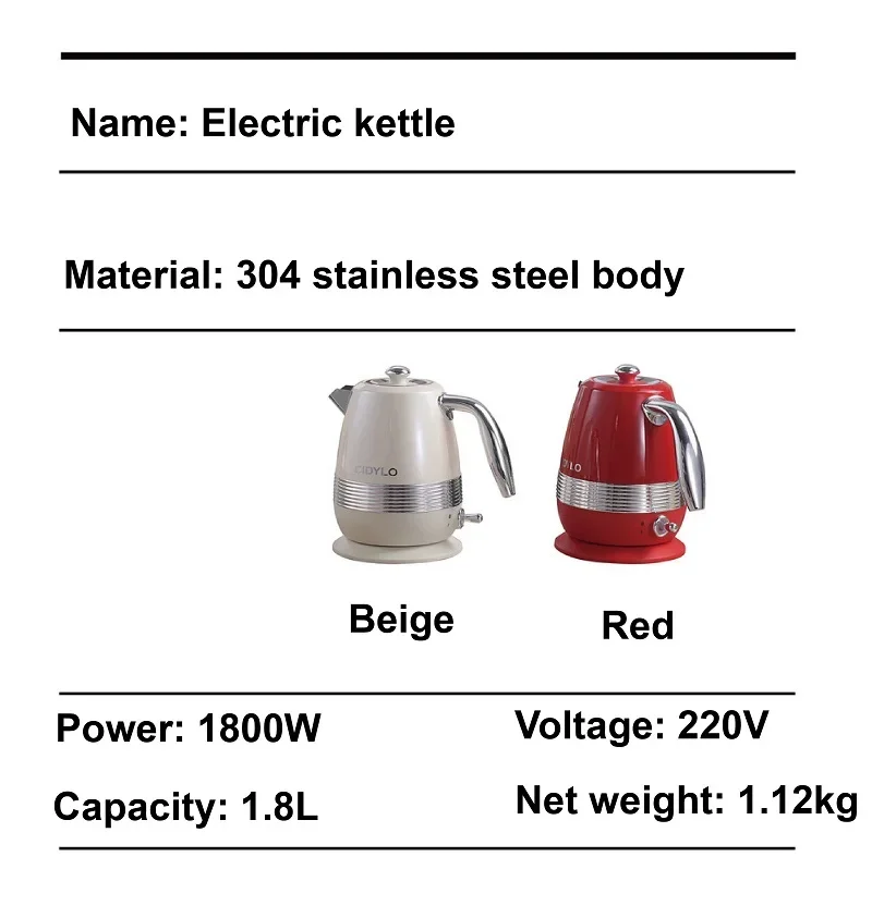 1,8 l Wasserkocher, Haushalts-Schnellkocher, Retro-Teekanne aus Edelstahl 304, automatische Abschaltung, geeignet für Zuhause/Büro, 1800 W
