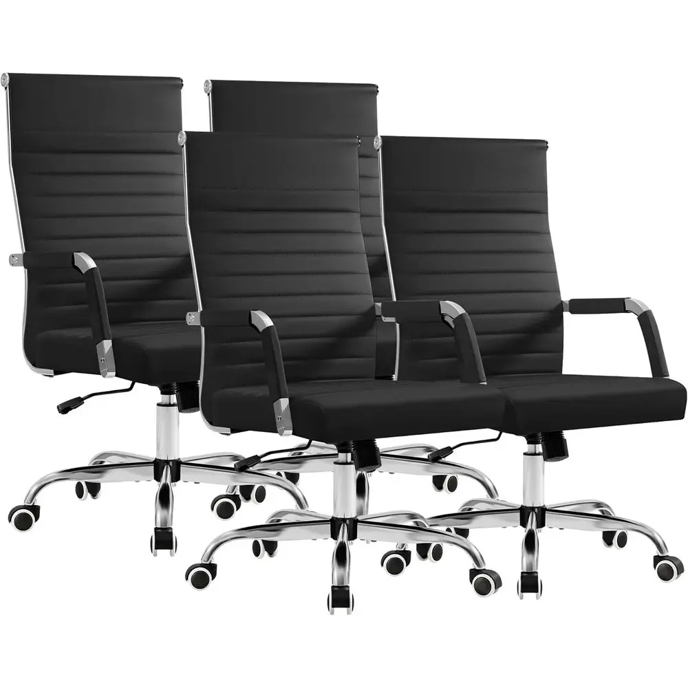 

Ergonomic Ribbed-Back PU Leather Office Desk Chair, Adjustable Swivel Conference Room Chair with Arms (Set of 4, Black)
