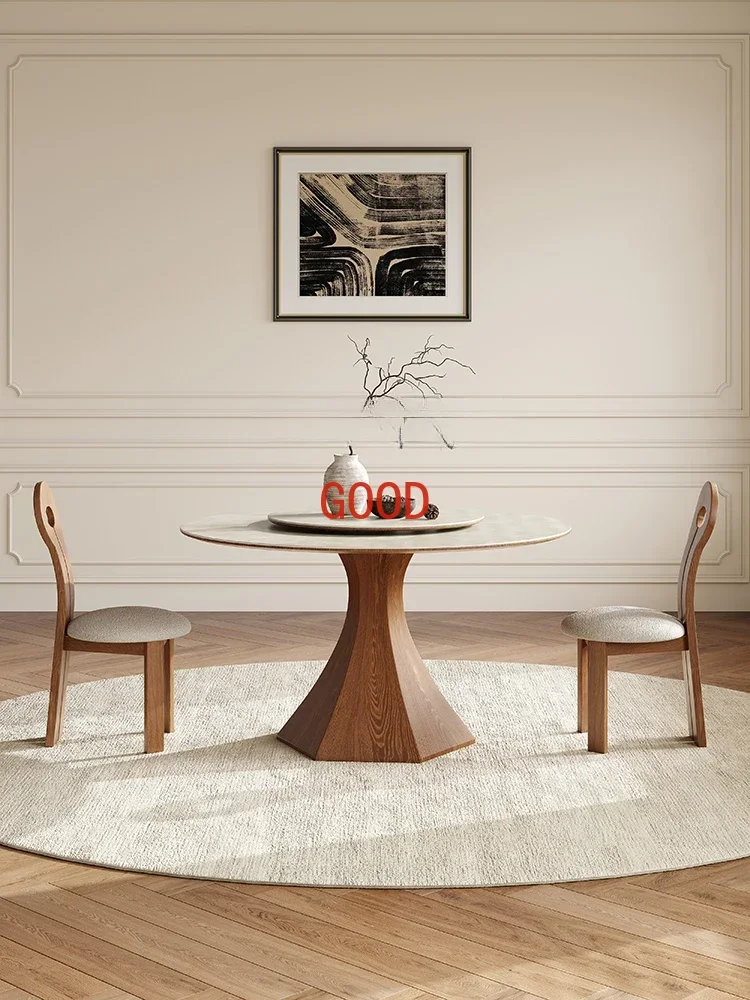 Nordic Solid Wood round Table Household Restaurant Dining Table with Turntable Walnut Retro Chic Simple Modern