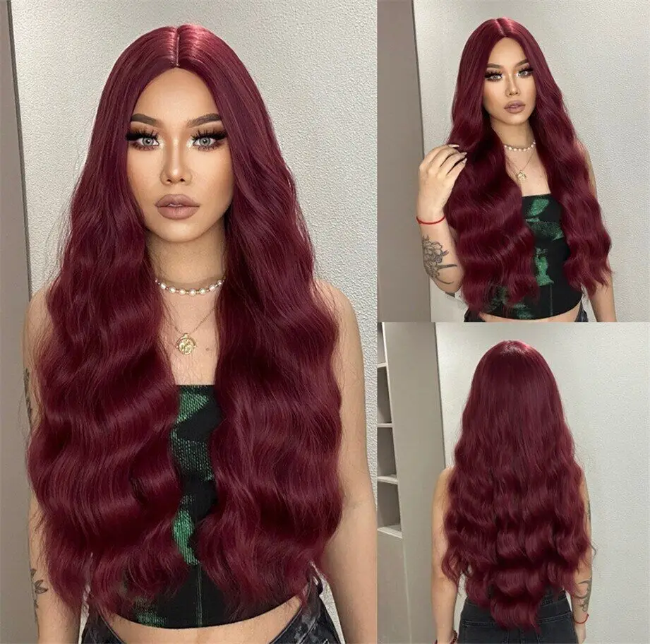 

Long Burgundy Wave Synthetic Hair Natural Middle Part Wine Red Wigs