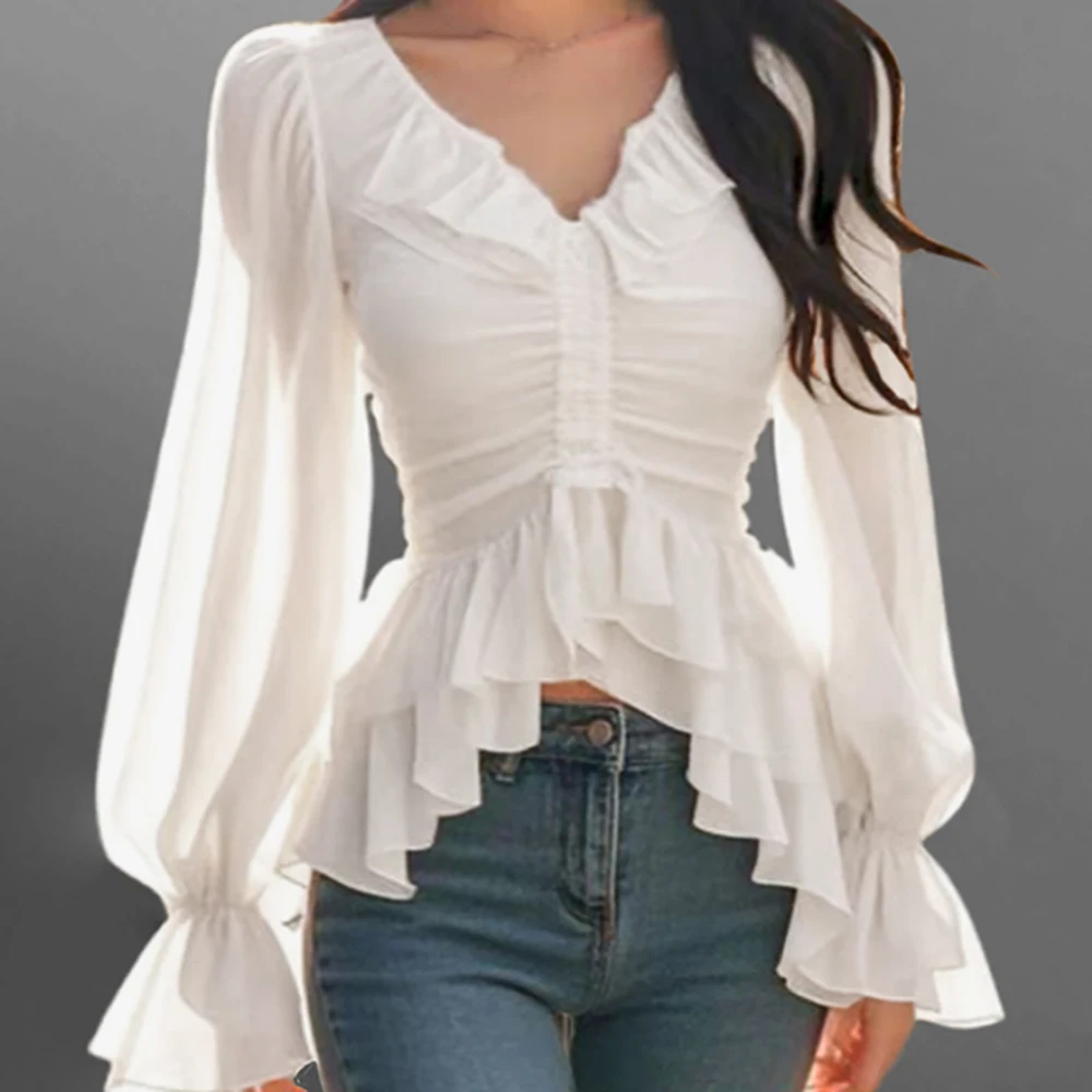 

Elegant Tiered Ruffle Sweet Style Women’s Blouse V-Neck Puff Long Sleeve Autumn Fashion Irregular Top Slim Casual Dating Blouse
