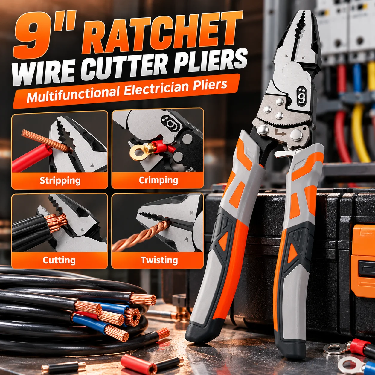 Automatic Wire Stripper Cutter - 9インチのラチェット式自動ロック機能付きワイヤカッタープライヤー。産業用グレードで、多機能な電気工事用プライヤー。ワイヤ剥き、圧着、切断機能を備え、修理作業に最適。