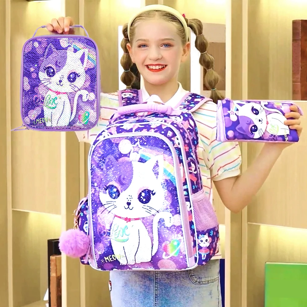 3PCS Cat Backpack for Girls, 16”Kids Sequin Bookbag with Lunch Box, Water Resistant School Bag for Elementary Preschool Toddler