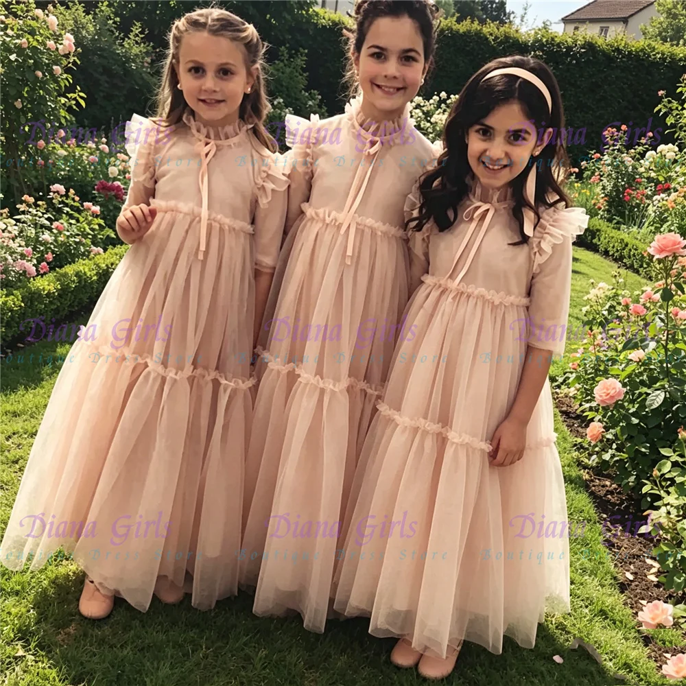 Quality New Elegant Flower Girl Dress Blue Tulle Fluffy With Big Bow For Kids Princess Wedding Birthday Party Evening Ball Gowns