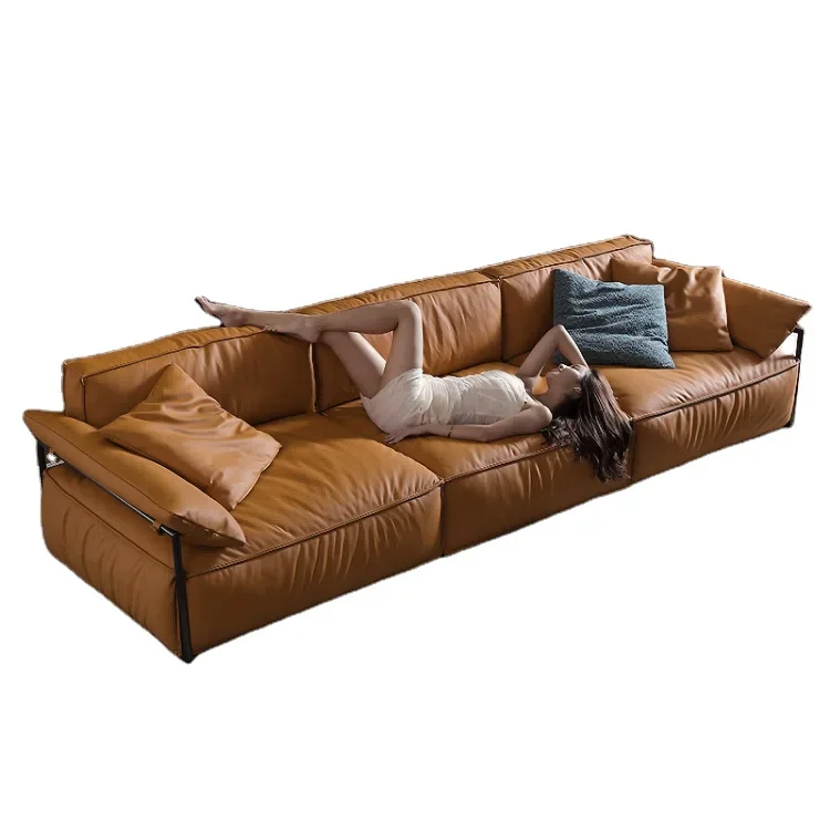 House Furniture Sofa Set Living Room Modern Shape Linen Fabric Easy Install Wooden Brown Leather Sofa