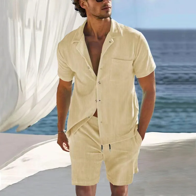 2024 European and American men\'s new casual and comfortable button-down lapel shirt short-sleeved shorts suit