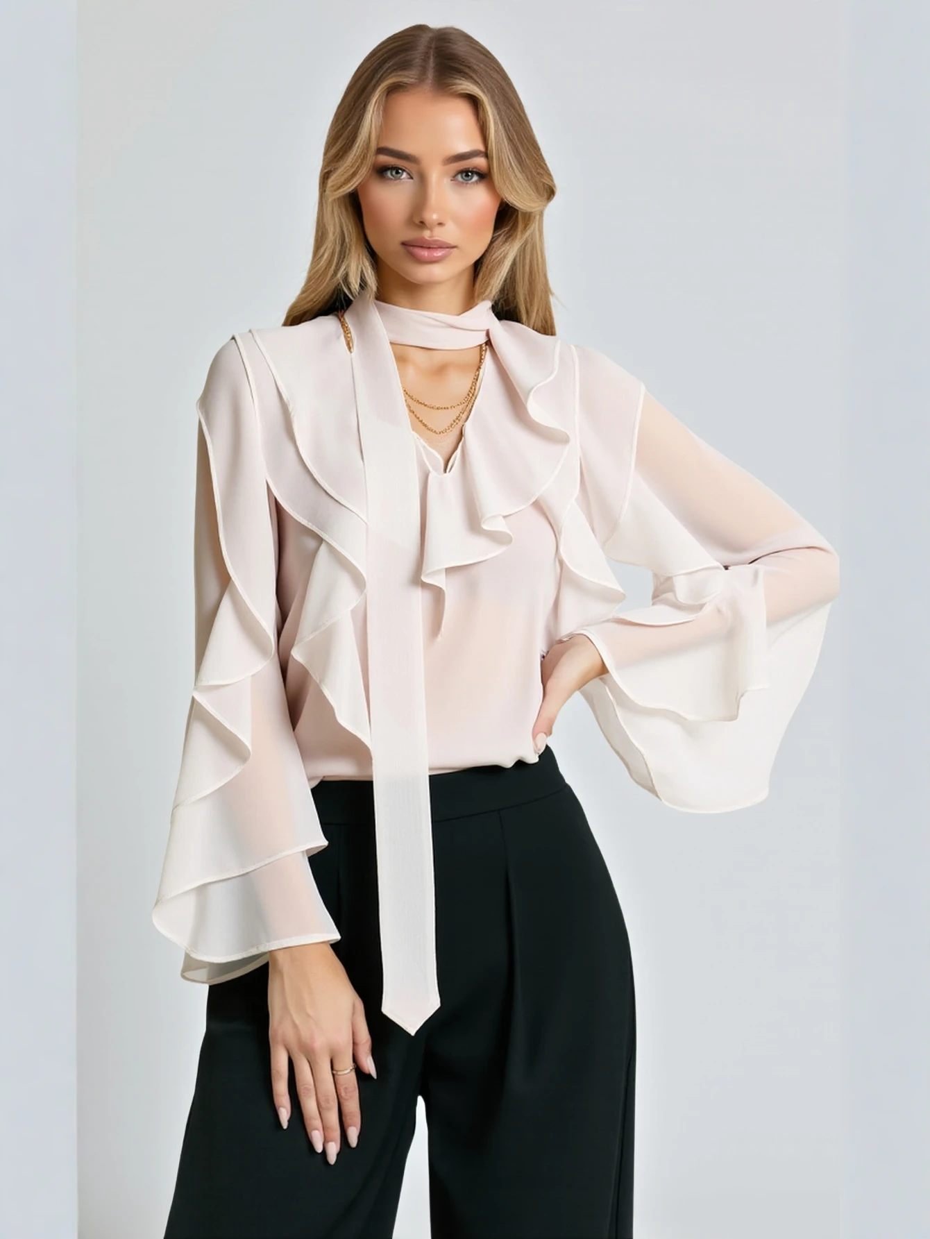 Camicetta da donna elegante tinta unita con scollo a V, spalline trasparenti, maniche lunghe svasate, dettaglio balza, top basic quotidiano autunnale