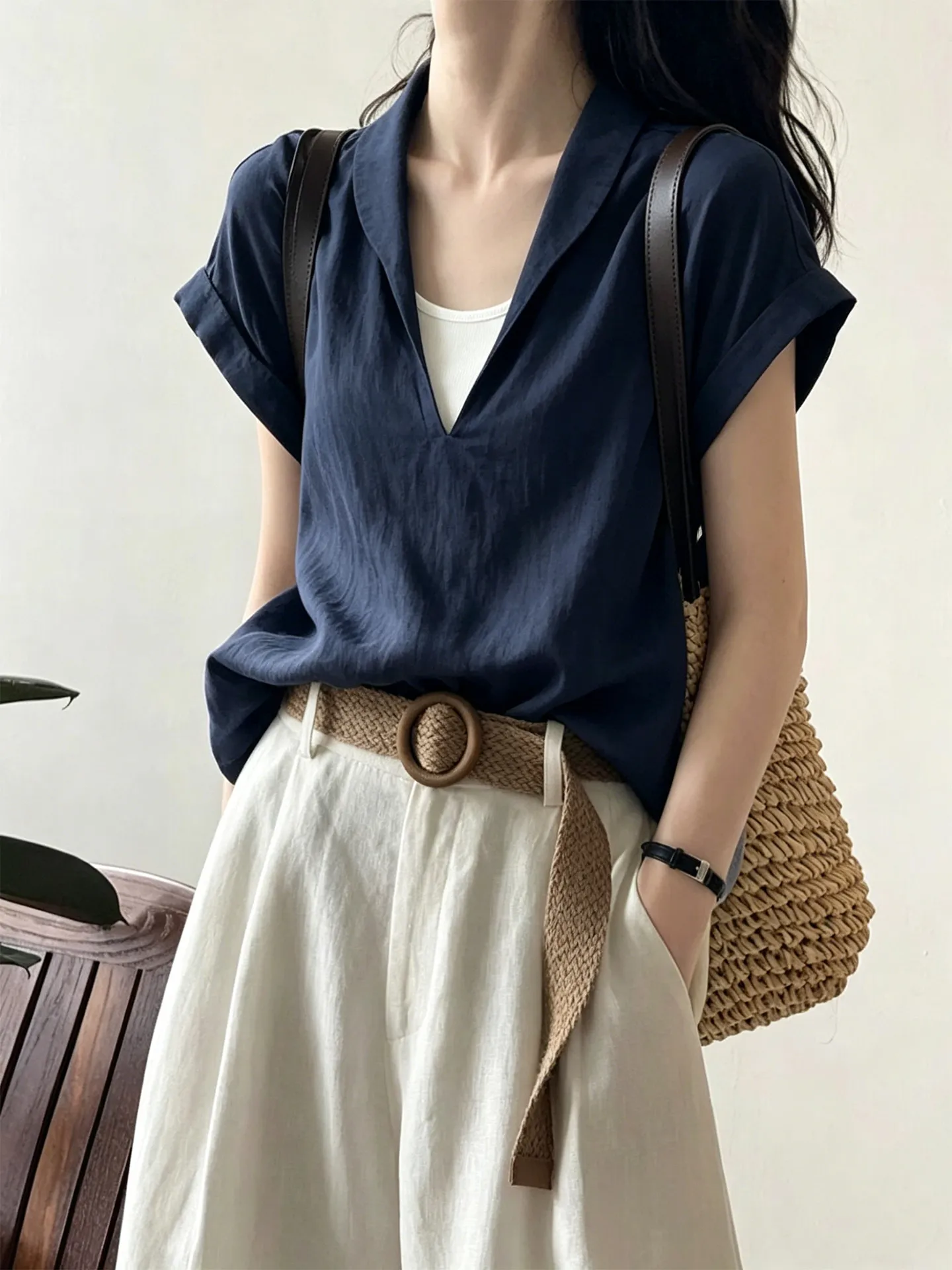 

Loose Women's V-Neck Short Sleeve Shirt Summer Fashionable Commute Style Fake Two-Piece Cotton Polyester Blend Breathable