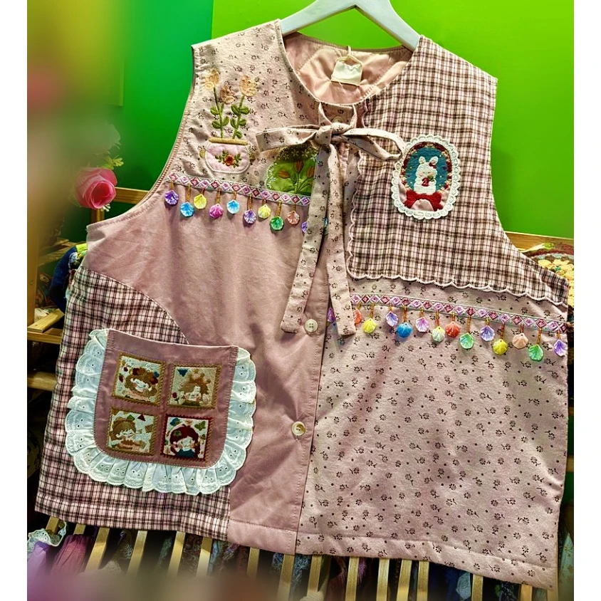 

Vintage Cotton Patchwork Embroidery Sweet Lolita Vest for Women Retro Chic Cottagecore Korean Kawaii Cute Autumn Harajuku Vest