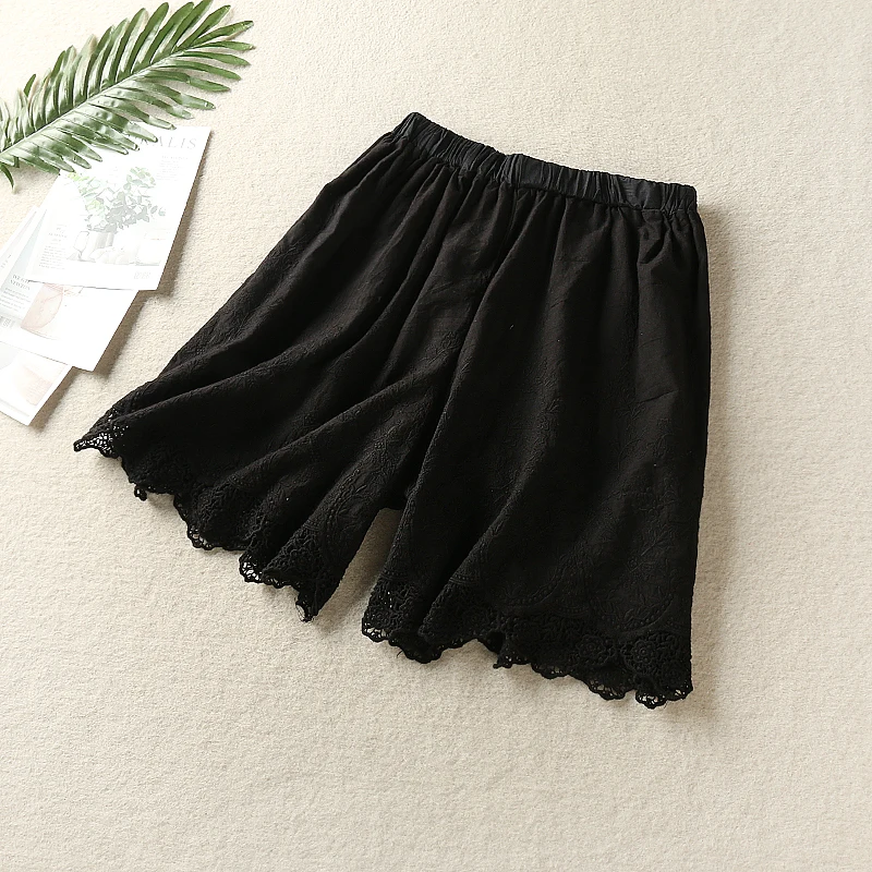 Summer Sweet Lolita Lace Embroidery Hollow Out Cotton Shorts Women Mori Girl Solid Color Elastic Waist Casual Loose Safety Pants
