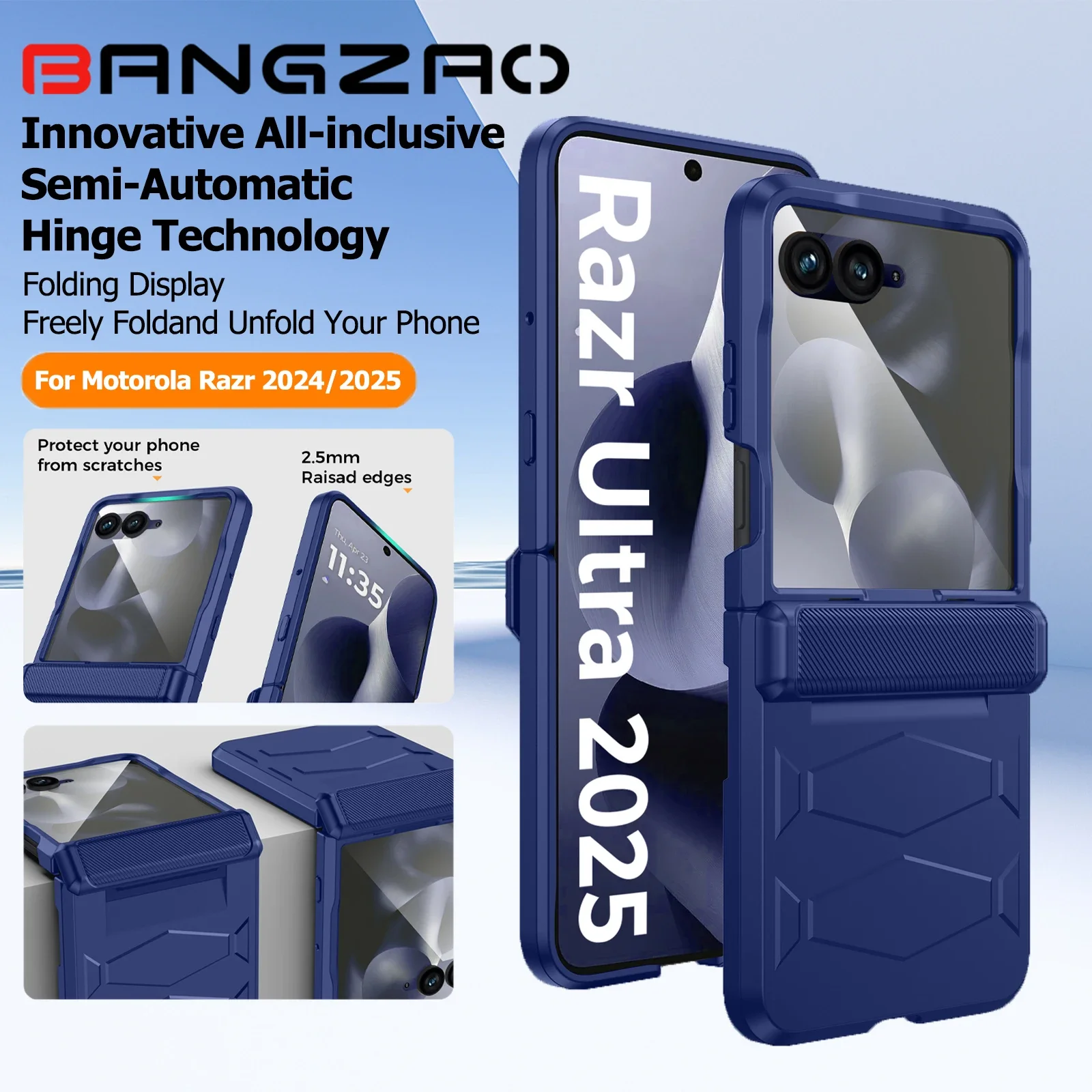 

Бронированный чехол для Motorola Razr 2024/2025, с шарнирною крышкой, встроенная защитная пленка для экрана, противоударный универсальный чехол для телефона, синий