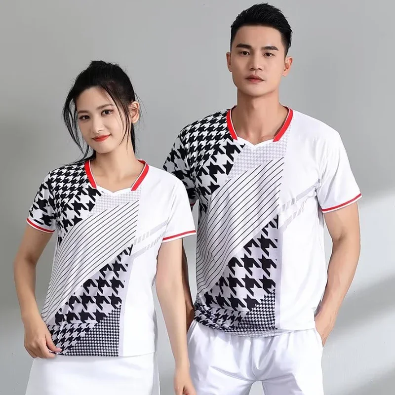 Badminton T-shirt for Men Women 2024 Stripe Print Quick Dry Volleyball Table Tennis Jersey Tops Couple Tennis Ping Pong Uniforms