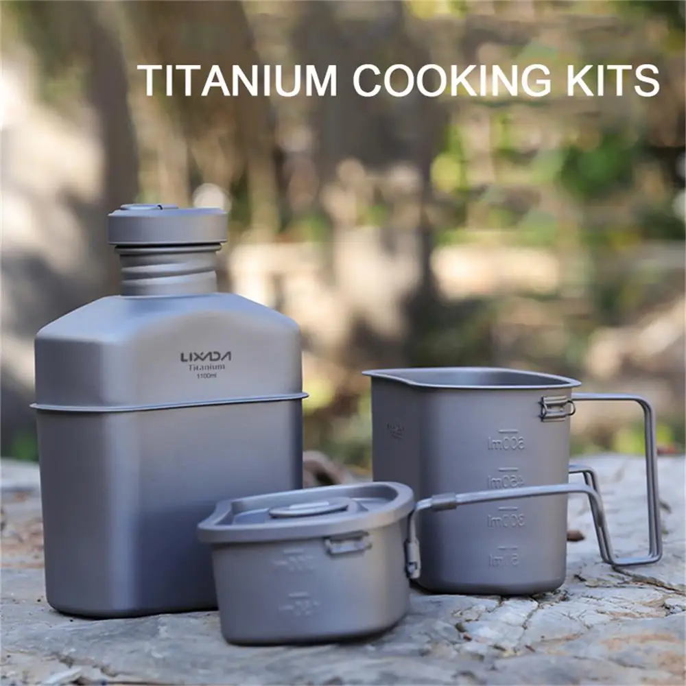 Lixada 1100ml Titanium Water Bottle Outdoor Canteen Cup Set Ultralight Cooking Set Camping Cookware Dinnerware Drinking Kettle