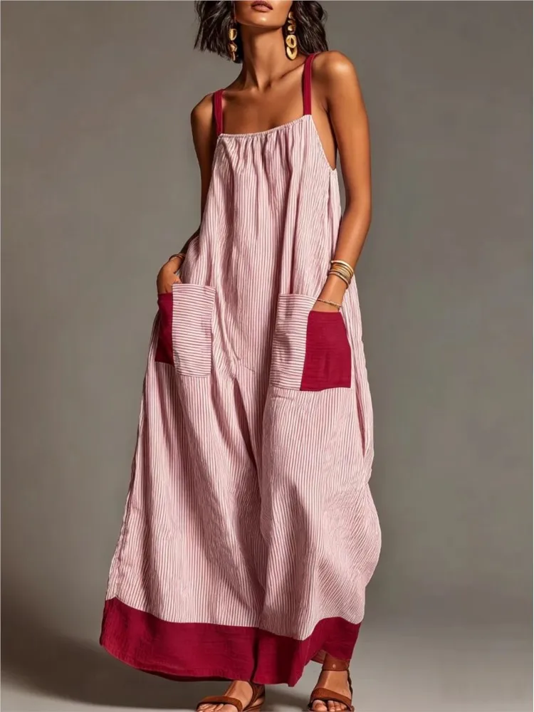 Women Casual Loose Dress Sleeveless Spaghetti Strap Striped Patchwork Dresses With Pockets Vintage Bohemian Holiday Long Dress view 5