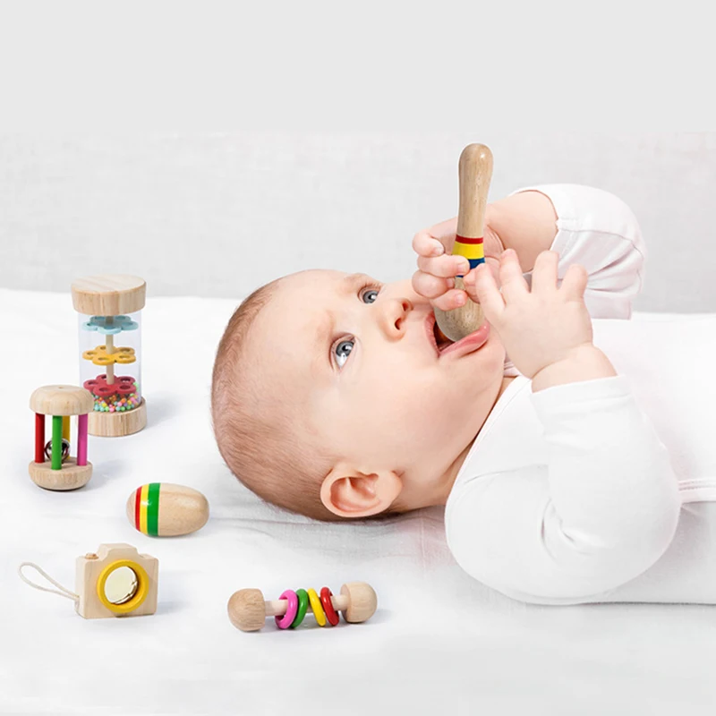 6 יח'\סט מונטסורי תינוק גשם מקל קשת חול מוסיקה רעשן יד לתפוס יד תרסק פעמון חינוכי צעצוע לתרגול צעצועים