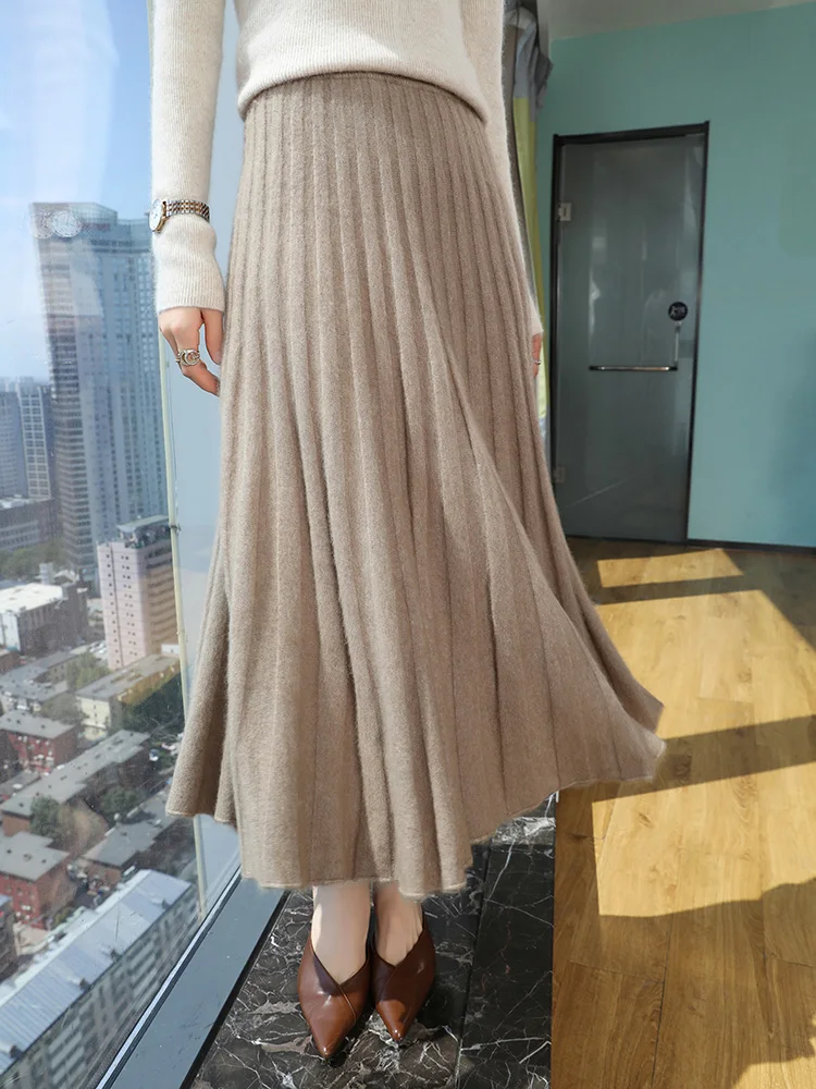 100% Pure Mink Cashmere Knit Half Skirt Women High Waist Swing Long Skirts Fashion Versatile A-Skirt High-End New Umbrella Skirt