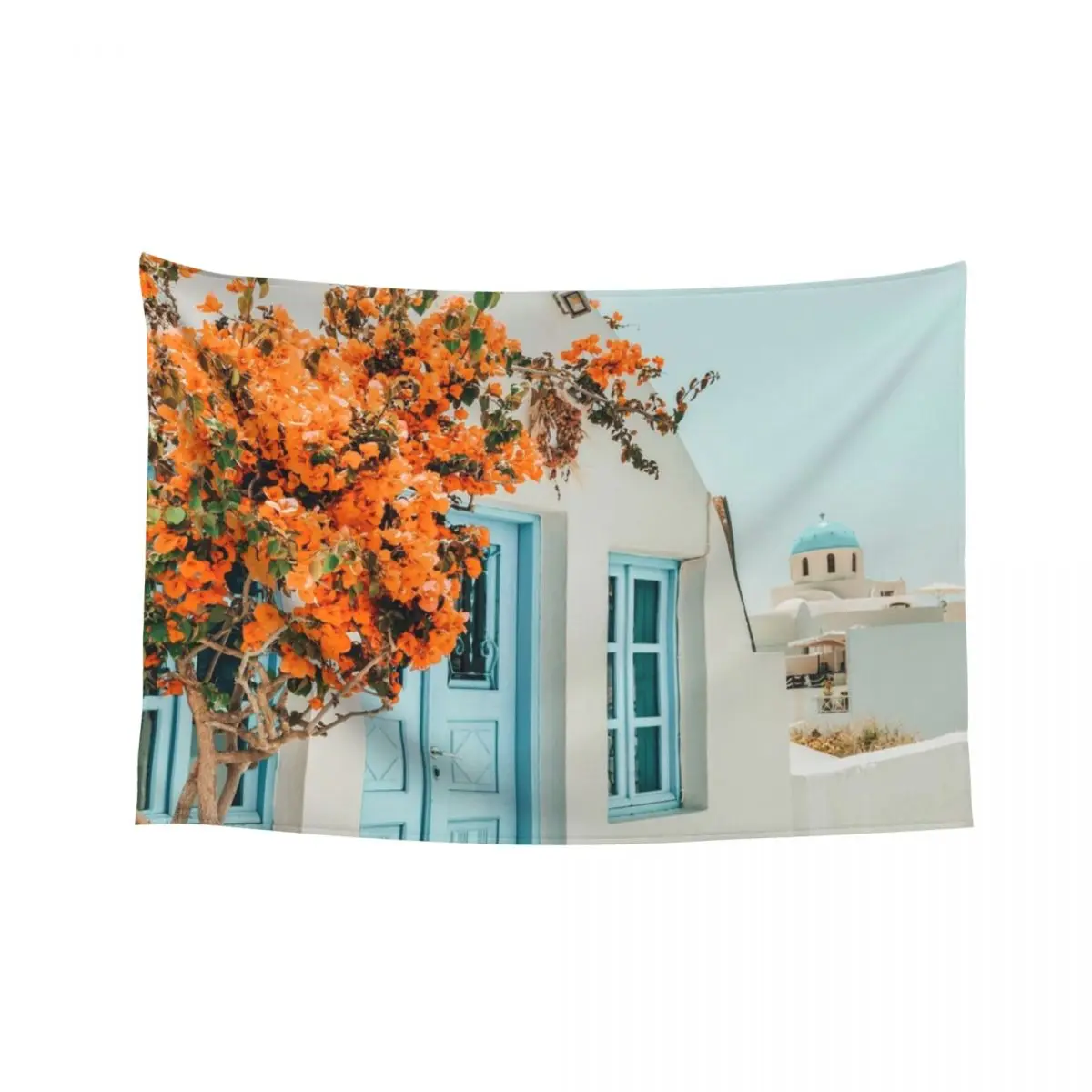 

Greece Airbnb, Greece Photography Travel Digital Art, Scenic Landscape Architecture, White Building Tapestry