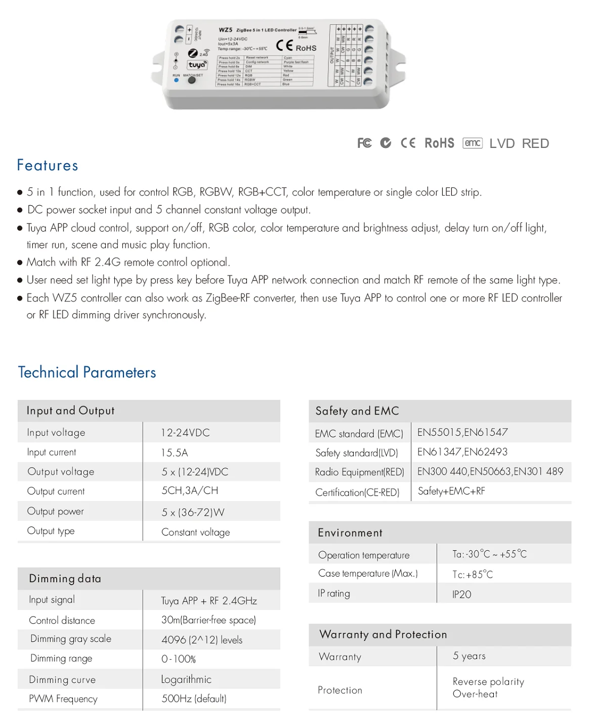 / WT5/WZ5 TUYA (Zigbee/Wifi)Smart Led Controller DIM RGB RGBW RGBCCT Strip 2.4G RF Remote Google Echo Plus Voice Control