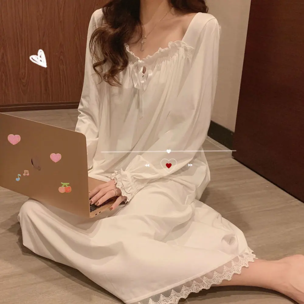 White Women Nightgowns Korean Style Sleepwear One Piece Pajamas Sweet Nightdress Cute Nightwear Long Sleeve Housewear Homedress