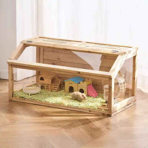 SucceBuy Wooden Hamster Cage 270° Viewing Hamster Habitat Hamster Cage with Openable Top Ventilated Animal Cage for Gerbils Mice