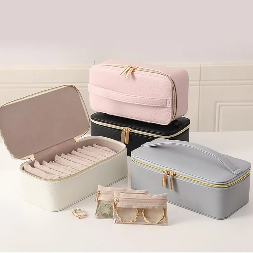 New Portable Travel Jewelry Box PU Leather with 6/12pcs Small Pouches Jewelry Case Large Capacity Small Item Storage Box