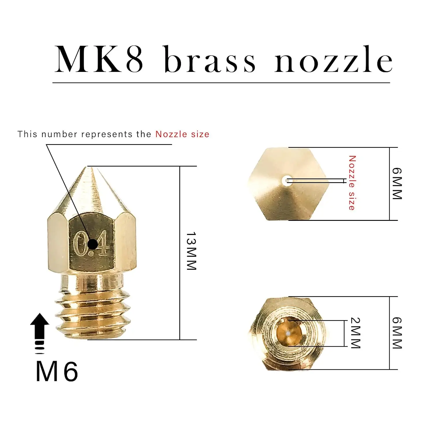 Creality 3D Printer MK8 Brass Nozzle 0.1/0.2/0.4/0.6/0.8/1.0mm Hotend Extruder Nozzles for 3D CR-8/CR-10/Ender 3/Ender 3S/5/6