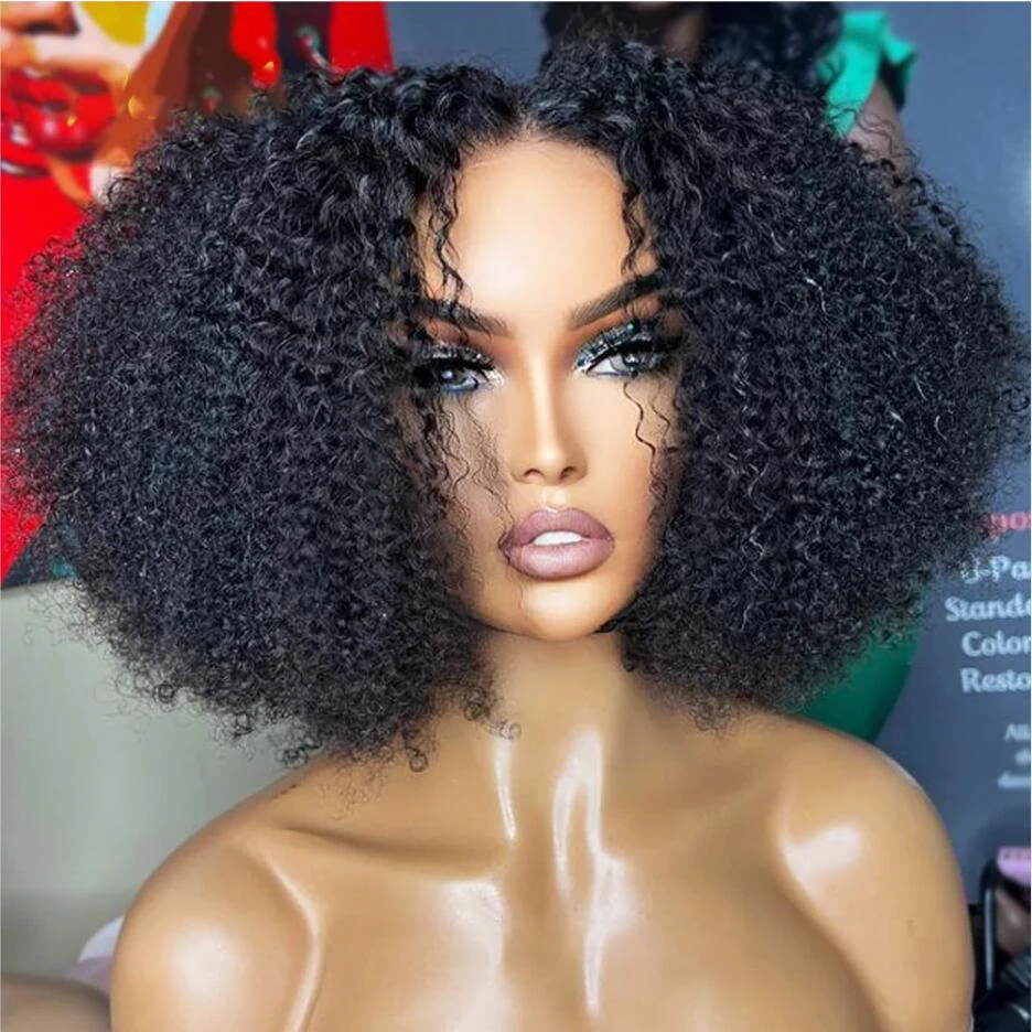 

Glueless Natural Black Soft Bob 180Density 14“ Kinky Curly Lace Front Wig For Women BabyHair Preplucked Heat Resistant Daily