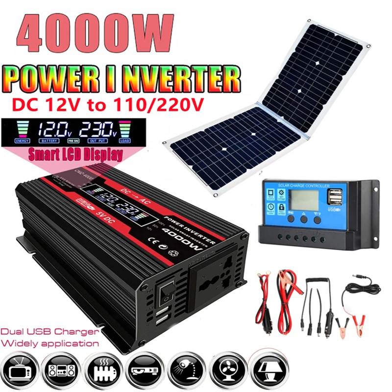 Solar Power Generation System 12V To 110V Power Inverter with Smart LCD Display Dual USB with 30A Solar Controller Set  4000W