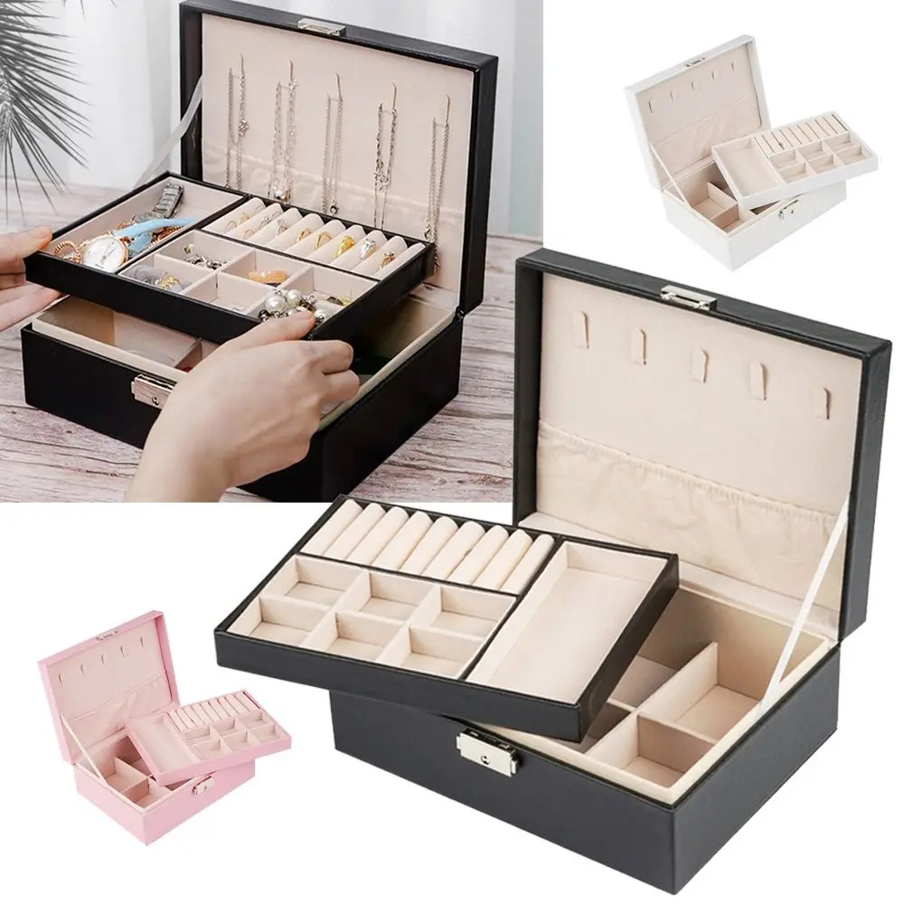 

Двухслойная коробка для хранения ювелирных изделий из искусственной кожи с замком, органайзер для ювелирных изделий, витрина для ювелирных изделий ​ Хранение сережек и ожерелий ​
