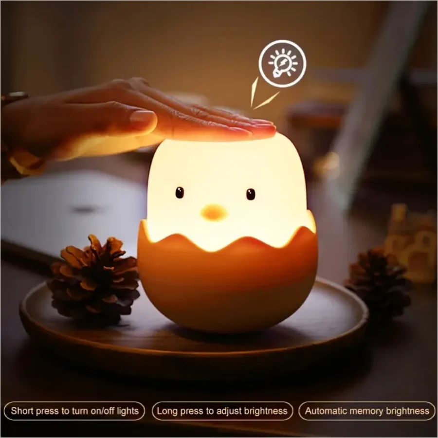 Cute LED Creative Silicone Eggshell Chicken Night Light,Bedroom Accompanying Sleeping Light,Desktop Decorative Ornaments Lamp