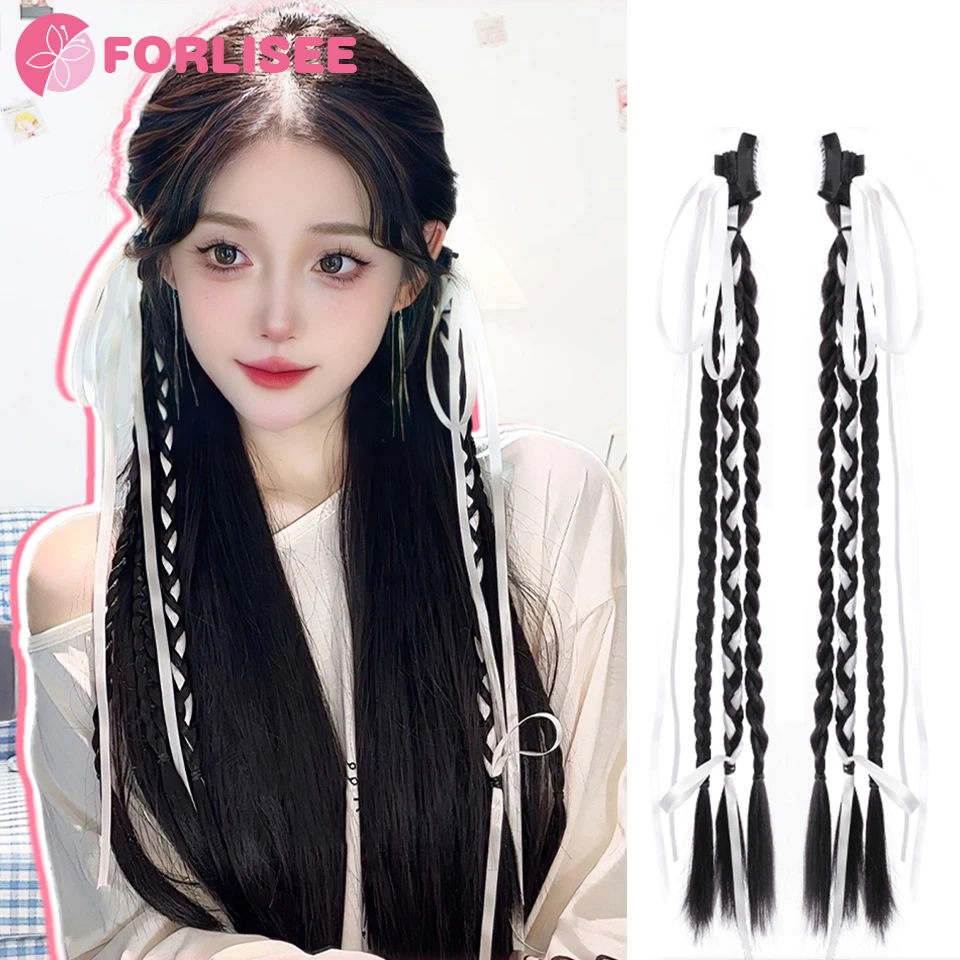 

FORLISEE Synthetic New Chinese Wig Claw Clip Double Ponytail Bowknot Braid Natural Black Wig Braid Ponytail